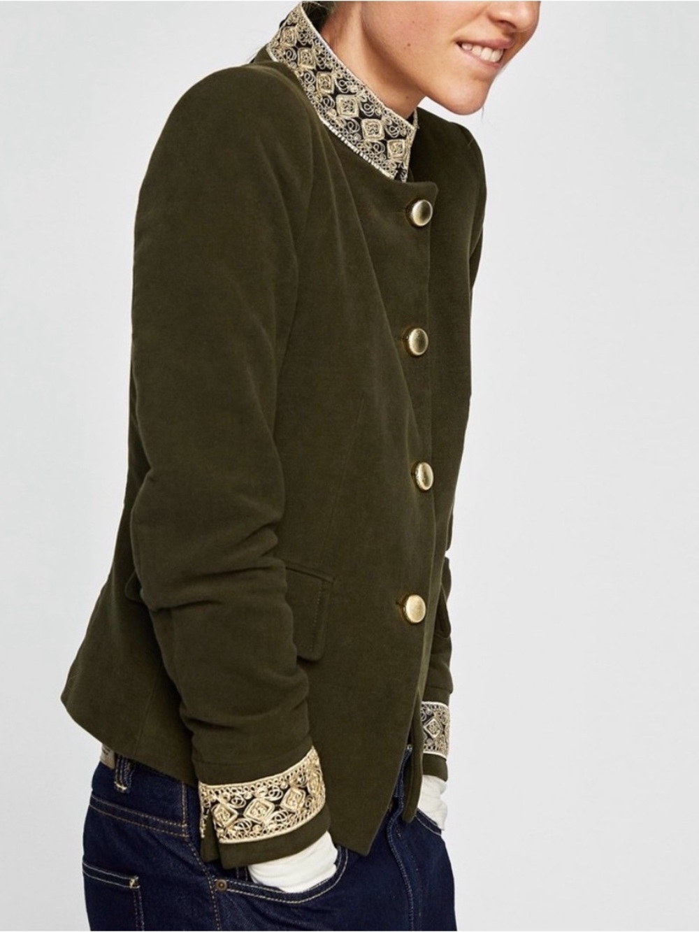 Zara Velvet Olive Green Gold Trim Military Style Jacket - XS - Picture 2 of 7
